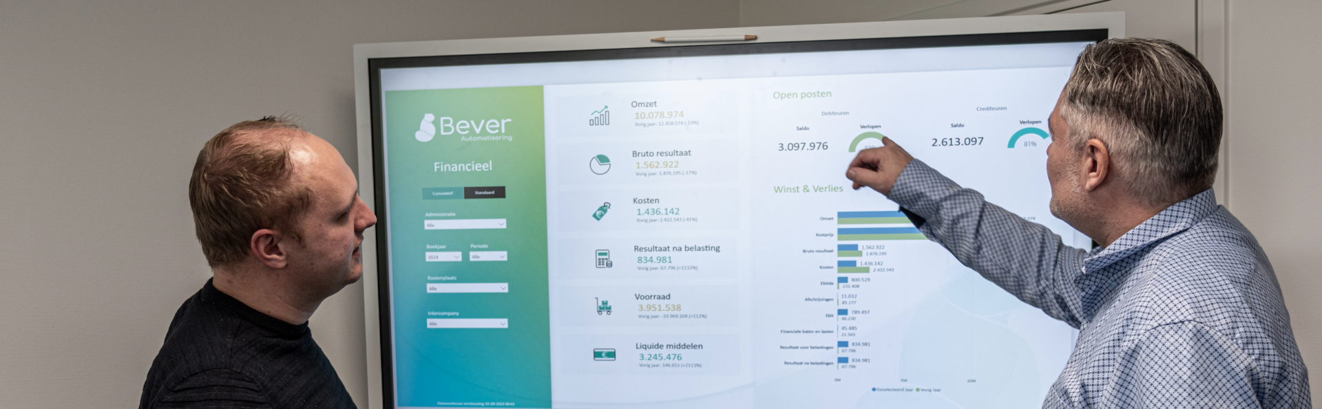 a person pointing at a screen power bi